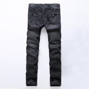 Diseñador de moda para hombre Cremallera Biker Jeans Patchwork Slim Fit Negro Moto Denim Joggers plisado Cool Jean2242