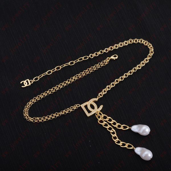 Créateur de mode en métal double chaîne incrustée de Zircon Alphabet frange chaîne perle pendentif pendentif colliers pour femmes, personnalité élégante