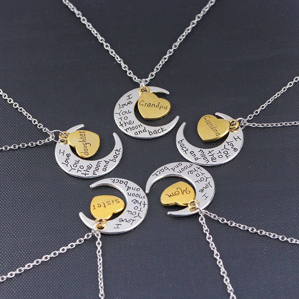 Collier de créateur de mode femme je t'aime papa maman fils fille lettre argent lune pendentif coeur alliage homme colliers pendentifs bijoux mères fête des pères cadeau de famille