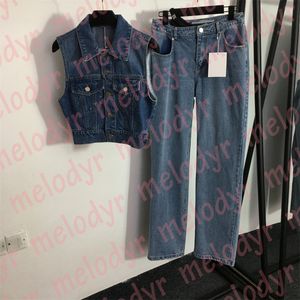 Mode Designer Broek Set Casual Mouwloos Denim Vest Patchwork Hoge Taille Jeans Dames Denim Jassen