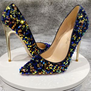Sexy lady mode Designer femmes chaussures bleu bout pointu talon aiguille décapant or paillettes strass talons hauts pompes 12cm 10cm avec boîte