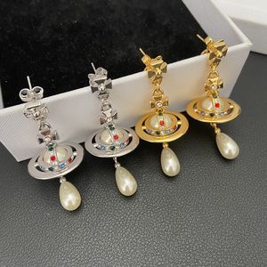 Créateur de mode Punk Saturn Crystal Pearl Drop et Lucrece boucles d'oreilles en alliage de cuivre plaqué par bijoux en zircone cubique Vi * van Vest-wood Boucles d'oreilles avec boîte-cadeau