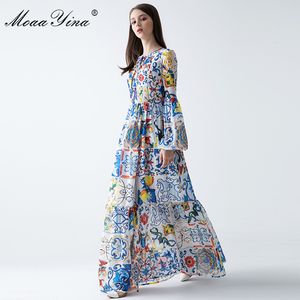 Fashion Designer Runway Maxi Jurk Spring Dames Lantaarn Mouw Floral Print Bohemen Casual Holiday Long 210524