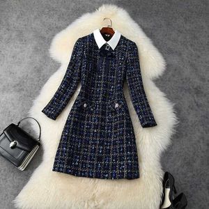 Fashion Designer Runway Plaid strikje Tweed Jurk Dames Hoge Kwaliteit Turn-Down Lange Mouw Vintage Mini Wollen 210529