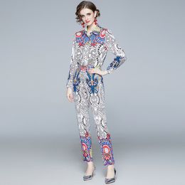 Fashion Designer Runway Pak Herfst Dames Lange Mouwen Turn Down Collar Print Shirt Top + Enkle-length Pant Suit 2 Stuk Set 210514