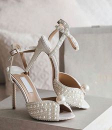 Diseñador de moda Sacora Sandalias Zapatos Perlas Cuero blanco Mujer Noche Nupcial Tacones altos Diseñador Señora Bombas Fiesta Boda
