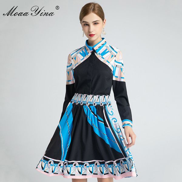 Conjunto de diseñador de moda Blusas de manga larga para mujer de primavera Tops + Estampado geométrico Cintura elástica Media falda Traje de dos piezas 210524