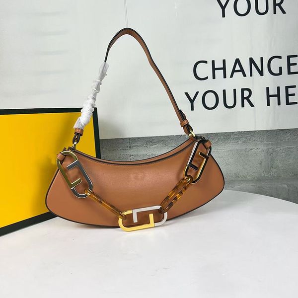 Diseñador de moda Bolsa de hombro Cadena de vidrio Bolso de lujo para mujer Cuero Hobo Medio mes Cartera Moda Señora Axilas Bolsas con cerradura F Letra Monedero marrón