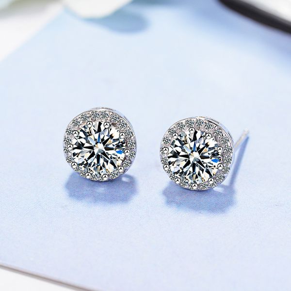 S925 Pendientes de tachuelas redondas de plata esterlina de lujo Luxury Big Stone Shining Crystal Bling Diamond Diseñador Love Earing Earings Anillos para mujeres Joyas de boda