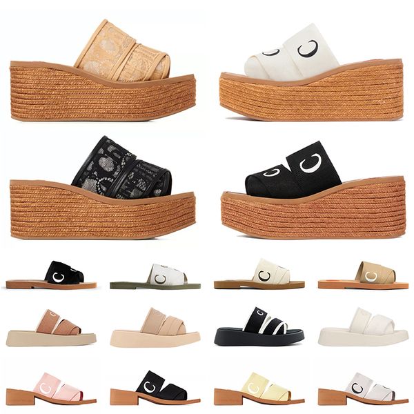 Diseñador de moda Suave Beige Marrón Diapositivas Sandalias Woody Lona de lujo Venta al por mayor Bordado Para mujer Verano Plano Cuadrado Zapatillas Blanco Negro Rosa Plataforma