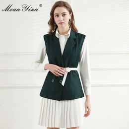 Traje de diseñador de moda Primavera Vestido de camisa de manga larga para mujer + Doble botonadura con cordones Chaleco verde oscuro Traje de dos piezas 210524