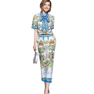 Fashion Designer Suits Broeken 2 Stuk Set Dames Korte Mouw Boogdas Blouse en Floral Print Casual Pants Set 210514