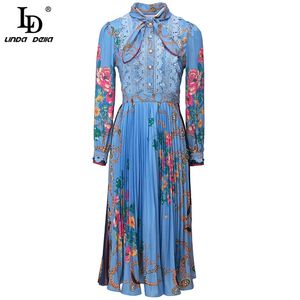 Robe d'été de styliste de mode pour femmes, manches longues, dentelle, imprimé floral, Vintage, plissée, Midi, 210522