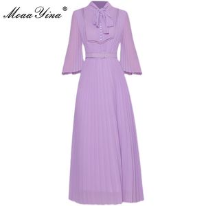 Créateur de mode été élégant violet robe plissée femmes noeud papillon manches évasées ceintures en mousseline de soie Midi Vestidos 210524