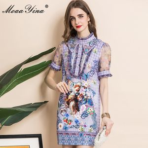 Mode Designer Été Purple Robe Courte Collier De Stand-Up Femme Perles Perles Floral Print Vintage Party Mini 210524