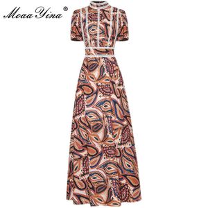 Designer de mode Summer Vintage Party Dress Femme Col montant à manches courtes Taille haute imprimé longue rétro 210524