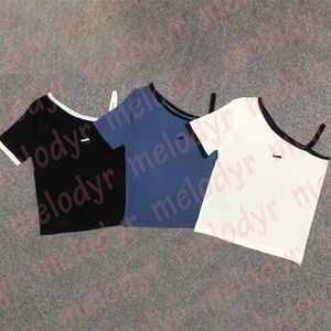 Modeontwerper T-shirts Borduren Een schouder gebreide tees Vrouwen Sexy Sling Short Tops