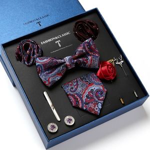 Cravate de créateur de mode cravate en soie homme noeud papillon Hanky broches boutons de manchette et pince à cravate pour hommes accessoires rouge bordeaux cravate de mariage cadeaux ensemble
