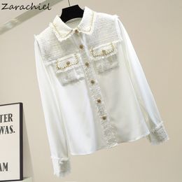 Modeontwerper Tweed Patchwork Chiffon Shirt Blouse Vrouwen Vintage Lange Mouwen Gouden Ketting Parels Weave Kwastels Pocket Tops 210416