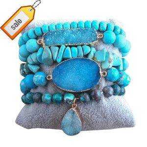 Fashion Designer Women Boho 5pc Set di braccialetti con perline Natural Chip Stone Blue Druzy Stack Set di braccialetti