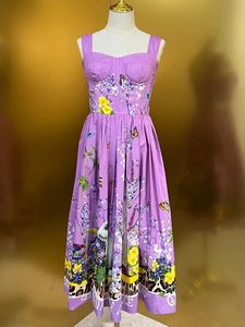 Créateur de mode femmes robe en coton été élégant Spaghetti sangle Vintage Animal fleur imprimé violet fête Midi robes