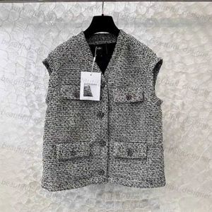 Modeontwerper damesjack 2024 vroege lente nieuwe elegante veelzijdige veelzijdige carced v-neck croarse tweed Vest met één borsten