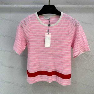 Modeontwerper dames t -shirt 24 vroege lente new age reduceren veelzijdige borstbrief borduurwerk kleurblok streep korte mouw breierwear