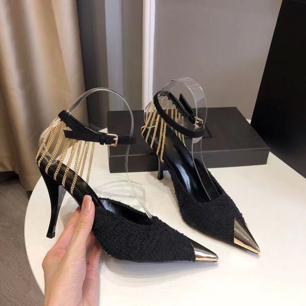 Designer de mode femmes chaussures talons 9cm escarpins designers chaîne en or à talons hauts chaussures habillées pour femmes noires pour le mariage de soirée de bal avec la boîte d'origine