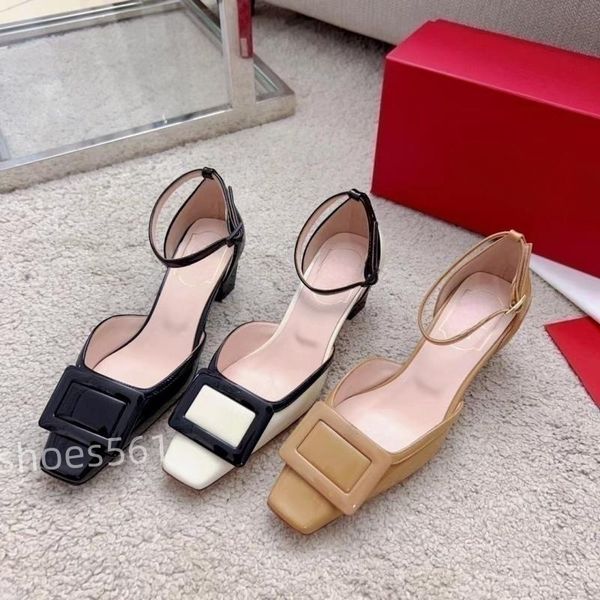 Diseñador de moda Sandalias para mujer Hebilla cuadrada Zapatos de vestir de verano Zapatos de cuero genuino de tacón alto Zapatos de mujer Baotou de alta calidad Color de hechizo de cuero