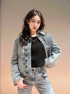 Fashion Designer Womens Vintage Wave Line Denim Vestes Automne Wash Blue Single Button Outwear Femmes Moto Poches Veste Femme Vêtements