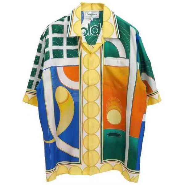 Diseñadores de moda Casablanca Reve De Tennis Camisas de seda para hombre Raqueta de tenis de mesa de fruta india Temperamento Camisa de manga corta satinada282E