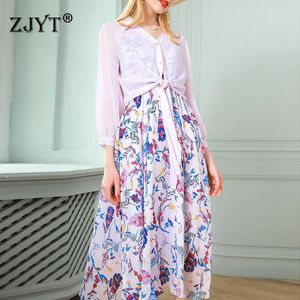 Modeontwerpers Lente gewaad elegante vrouwen lange mouwen shirt en floral print MIDI riem jurk 2 stuk pak 210601