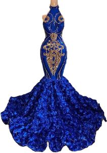 Luxe koningsblauwe pailletten galajurk voor zwarte meisjes met bloemenbodem 2023 Hater-hals zeemeermin Aso Ebi-avondjurken sprankelende rugloze formele feestkleding