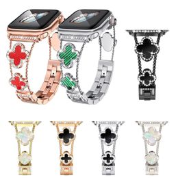 Mode diamant ingelegde vier blad klaver metalen horloge band bracelet verstelbare bandbanden horlogeband voor Apple Watch 3 4 5 6 7 8 9 iWatch 40/41mm 44/45 mm ultra