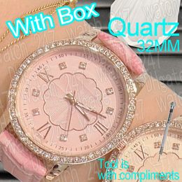 Relojes de diamantes de moda Relojes de dama de oro rosa Reloj de lujo de diamantes Diseñador Relojes de cuarzo Fecha 32 mm Reloj de pulsera Reloj de mujer Regalos para mujer Relojmujer con caja