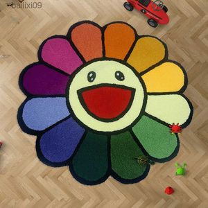 Fashion Dirtyresistant Cartoon Living Room Carpet Cute Soft Sunflower Round Children Room Rug Washable Easy Care Nonslip Rugs T230519