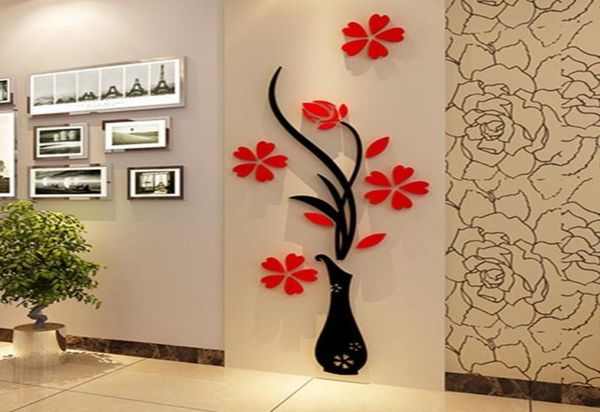 Fashion DIY Home Decor 3D Vase Flower Tree Crystal Arcylic Wall Stickers Art Decal1244325
