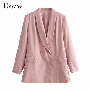 Mode Double Breasted Pink Blazer Dames Kantoor Dragen Lange Mouw Jas Vrouwelijke Gekleed Kraag Massief Jas met Pockets 210515