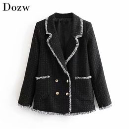 Mode Double Breasted Plaid Blazers Dames Kwastje Versier Elegante Pak Gekeerde Neck Chic Black Jacket Lady Chaqueta Mujer 210515