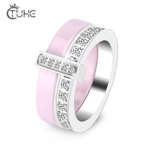 Mode Dubbellaags Keramische Vrouwen Ringen Goede Kwaliteit Zwart Wit Roze Kristal Ringen Voor Vrouwen Midden Ring Mode-sieraden Geschenken Y274f