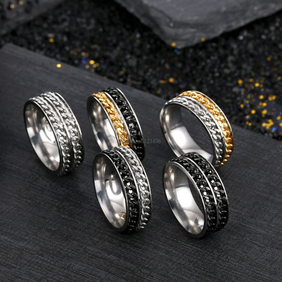 Chaînes à double rotatif anneau anneau en acier inoxydable Bands de spin pour hommes Femmes Hip Hop Fashion Bijoux et sablonneux