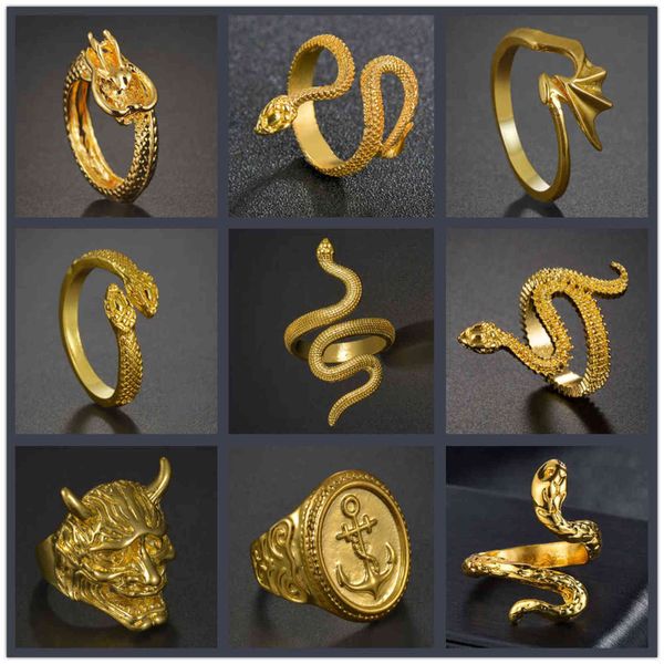 Anillos de serpiente y calavera con ancla de dragón a la moda para mujer, anillo de Punk Rock de metales pesados de Color dorado, joyería Animal Vintage al por mayor G1125