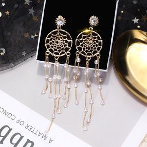 Fashion Dream Catcher Crystal Earrings Long Tassel Pearl Drop For Women Wedding Party Sieraden Dange kroonluchter