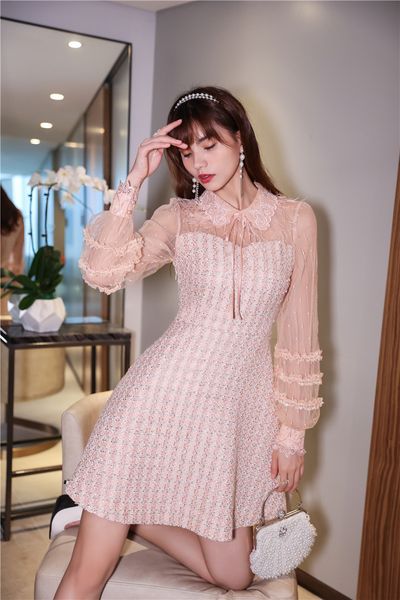 Robe de mode 2023 Earnom Automne haut de gamme Elegant Lace Robe Women's Small Fragrance Style Tweed Tweed Slim Celebrity Robe S-XL