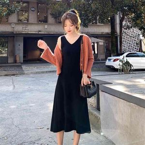Robe de mode coréenne cardigan tricoté de couleur unie + jupe caraco costume deux pièces printemps vêtements pour femmes 210520
