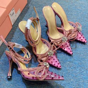 Mode jurk schoenen kristal verfraaid boog strass hoge hakken schoen ontwerper transparant pvc 9,5 cm partij sandalen topkwaliteit baotou s