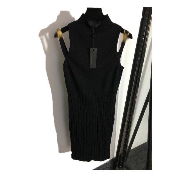 Robe de mode Costume sans manches Robe de style en tricot Poche ceinture Design Robe de bal Slim Midi Long Fit Robes d'été Multi styles Noir