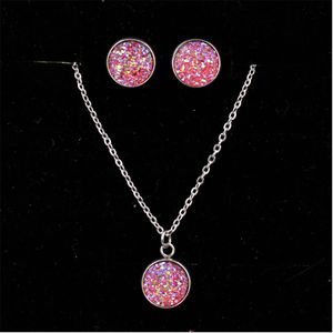 Mode druzy drusy collier boucles d'oreilles 12mm en acier inoxydable rond résine druzy collier boucles d'oreilles ensemble de bijoux