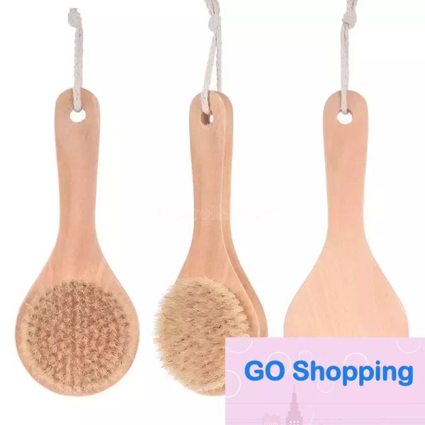 Brosse de bain sèche pour le corps, épurateur de dos, antidérapant, manche court en bois, poils naturels, douche, masseur exfoliant