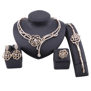 Mode Dubai Goud Kleur Sieraden Bloem Kristal Ketting Armband Ring Oorbel Vrouwen Italiaanse Bruids Accessoires Sieraden Set